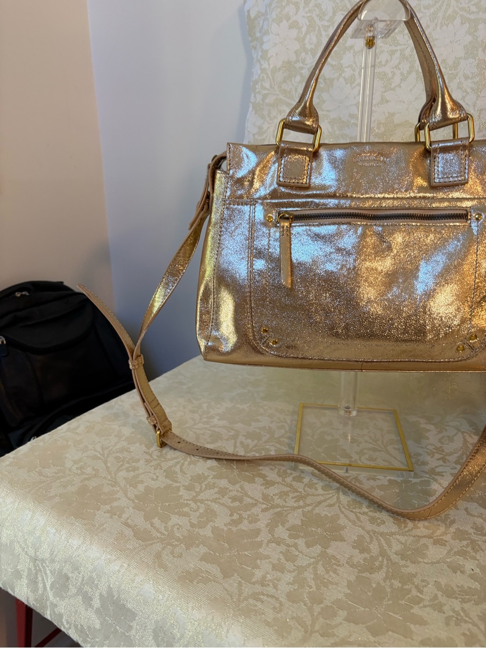 American Leather Co. Metallic Gold Leather Satchel with Shoulder Strap - Picture 3 of 16